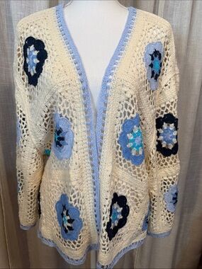 NWT Knitwear Collection Crochet Granny Square Cotton Cardigan Boho Open Knit